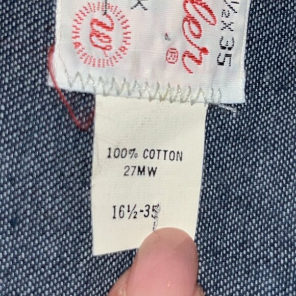 VINTAGE 60s WRANGLER PRE-SHRUNK PEARL SNAP EX LONG TAILS DENIM SHIRT 16.5" X 35" - Picture 13 of 15